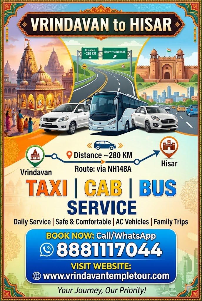 Vrindavan to Hisar Taxi | Cab | Bus Service